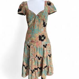 Vintage Betsey Johnson Silk Floral Tiered Midi Dress Fairycore Cottagecore Y2K